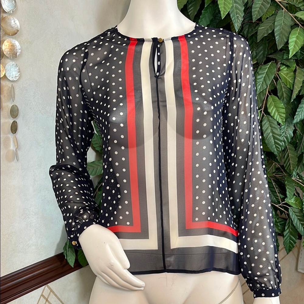 THE LIMITED NAVY & RED POLKA DOT SHEER BLOUSE